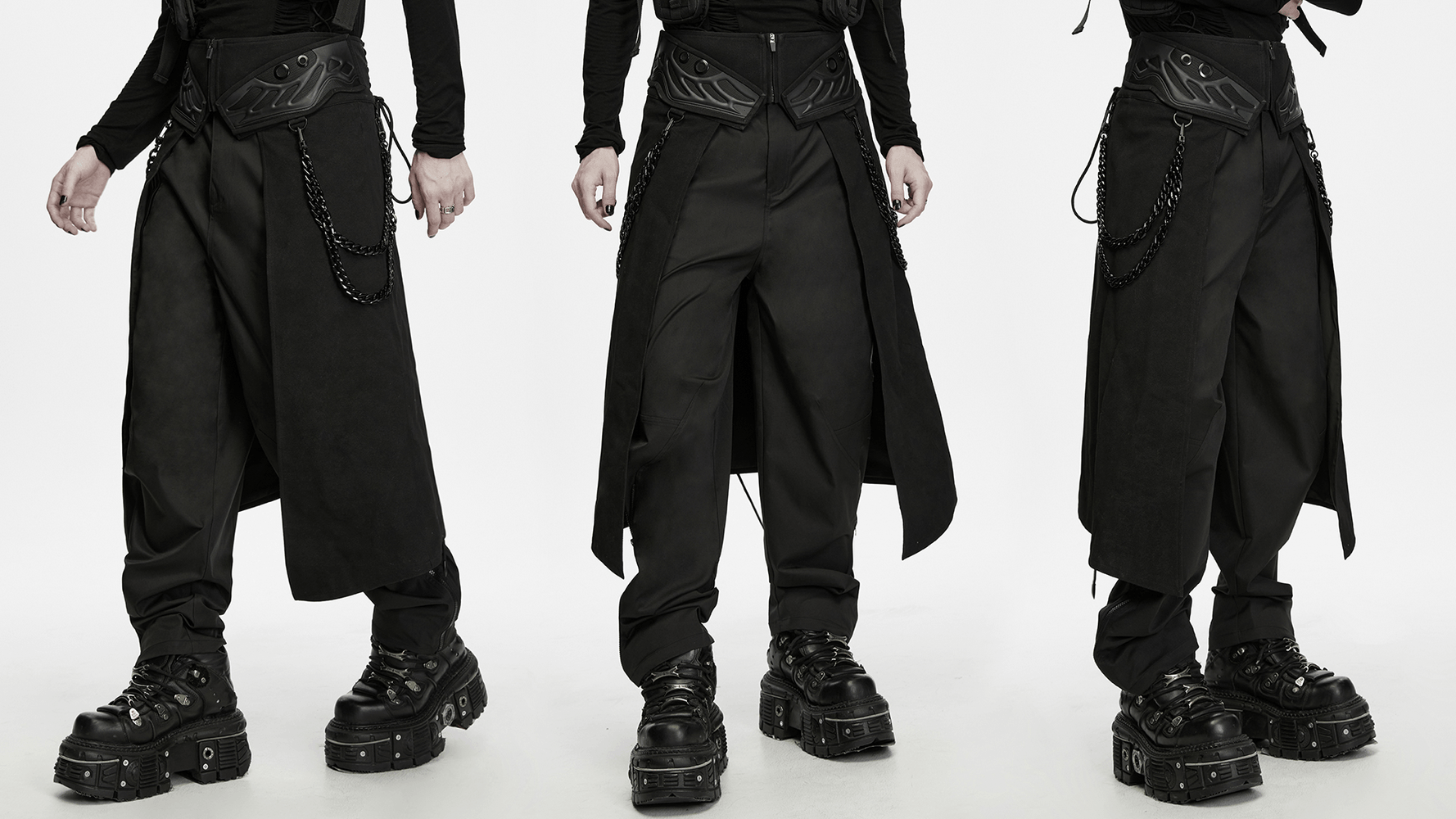 Black Gothic Kilt with Lace-Up Waist and Front Panels men's black alternative long kilt with chains and platform boots