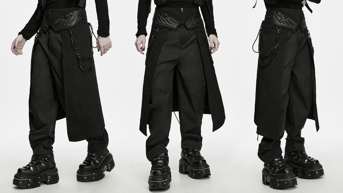 Black Gothic Kilt with Lace-Up Waist and Front Panels men's black alternative long kilt with chains and platform boots