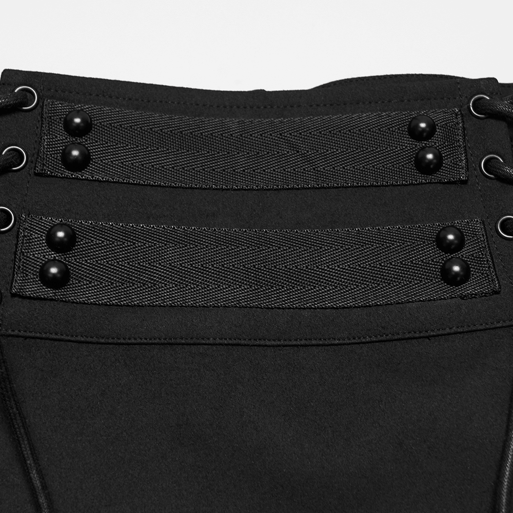 Black Gothic Kilt with Lace-Up Waist and Front Panels, black men's alt kilt with decorative panels