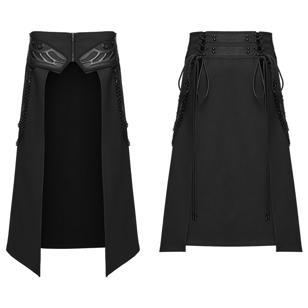 Black Gothic Kilt with Lace-Up Waist and Front Panels, black men's alternative long kilt with buckle waist and side chains