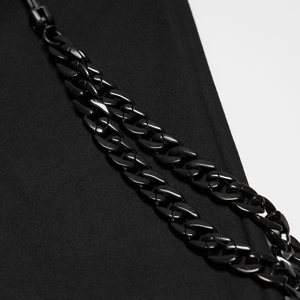 Black Gothic Kilt with Lace-Up Waist and Front Panels, black men's alternative kilt with glossy chain detail