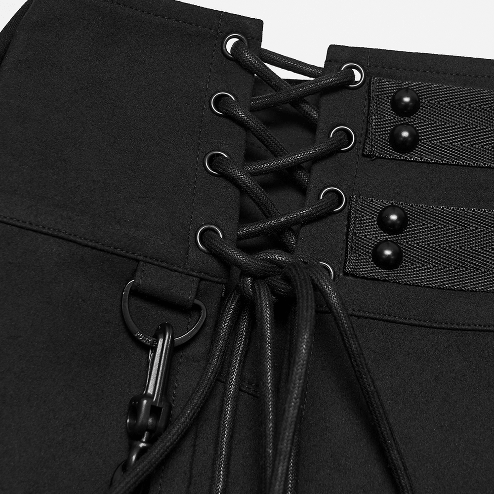 Black Gothic Kilt with Lace-Up Waist and Front Panels, men's black alternative kilt with lace-up detail and buckled accents