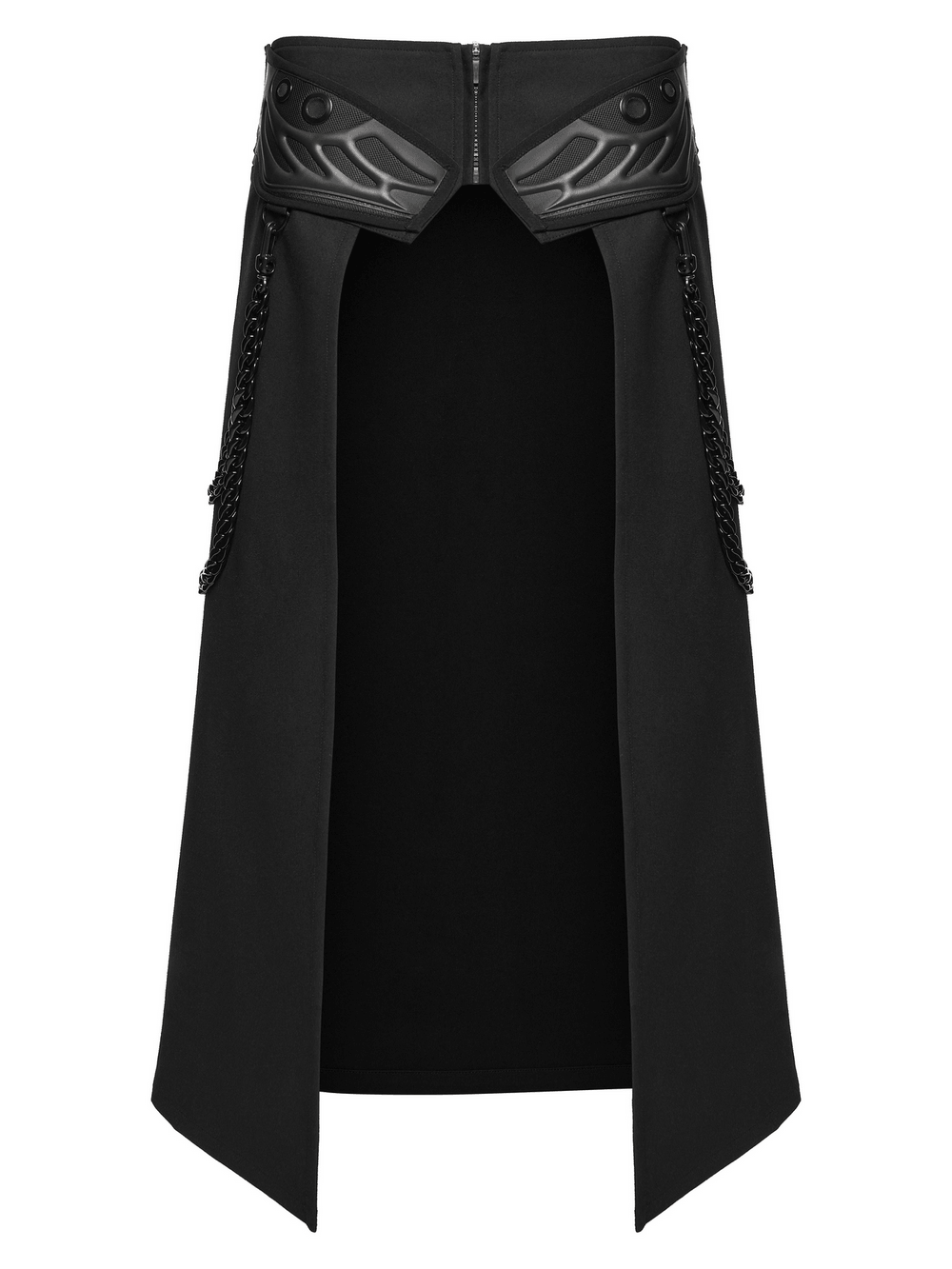 Black Gothic Kilt with Lace-Up Waist and Front Panels, edgy men's black alternative long kilt with dramatic panels