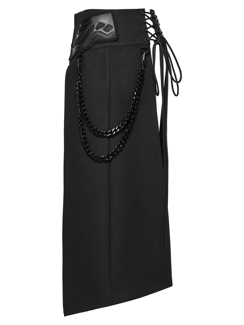 Black Gothic Kilt with Lace-Up Waist and Front Panels, men's black alternative long kilt with chains and lace-up detail