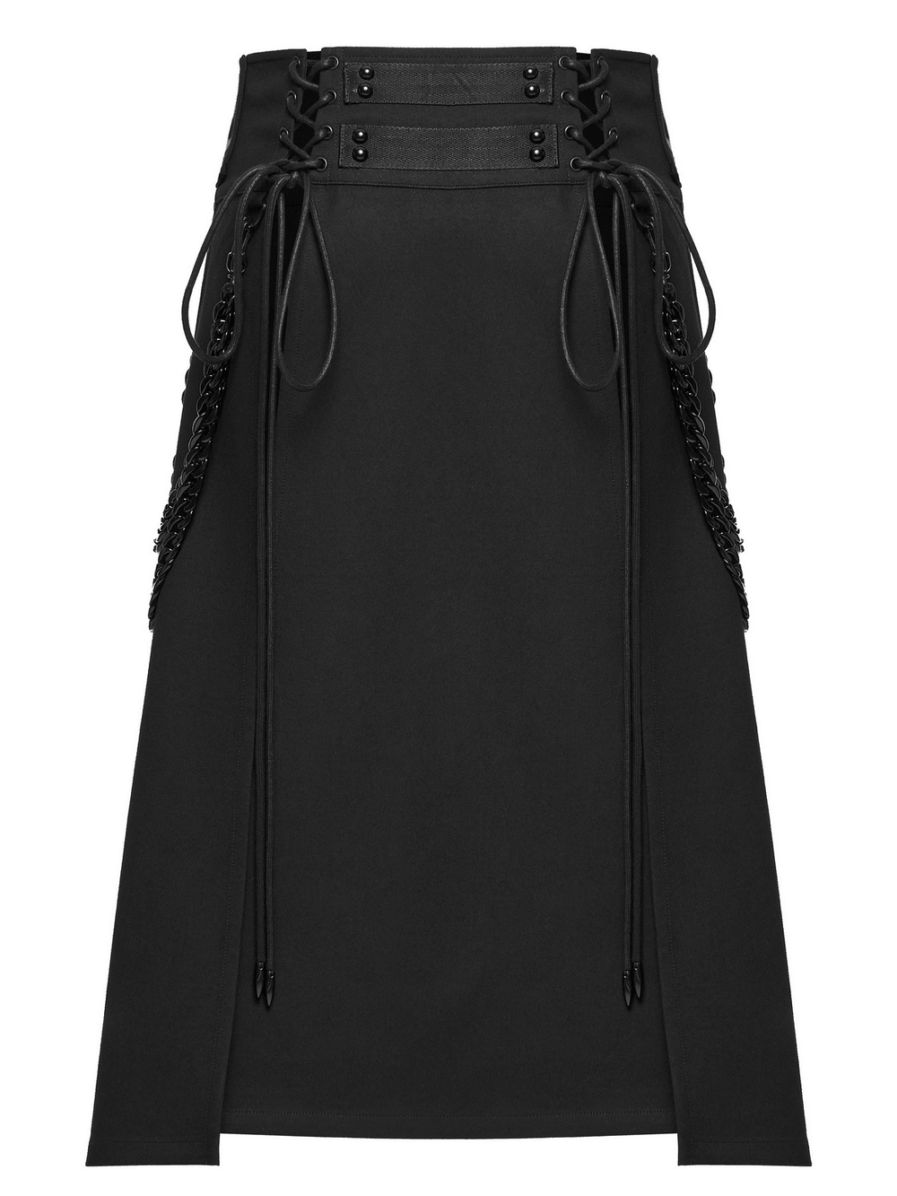 Black Gothic Kilt with Lace-Up Waist and Front Panels, men's black alternative long kilt with buckled waist and edgy side details