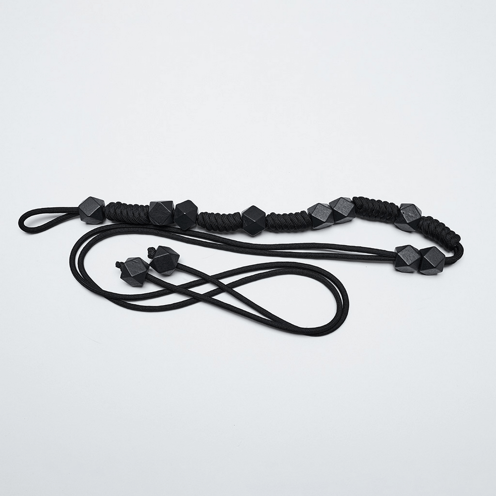 Stylish black braided necklace with geometric beads, perfect for alternative and everyday fashion.