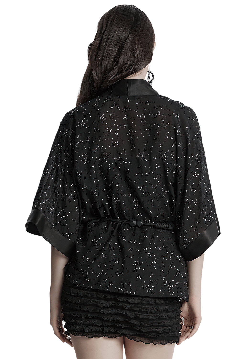 Back view of a black gothic kimono cape with starry print and waist tie, perfect for alternative fashion.