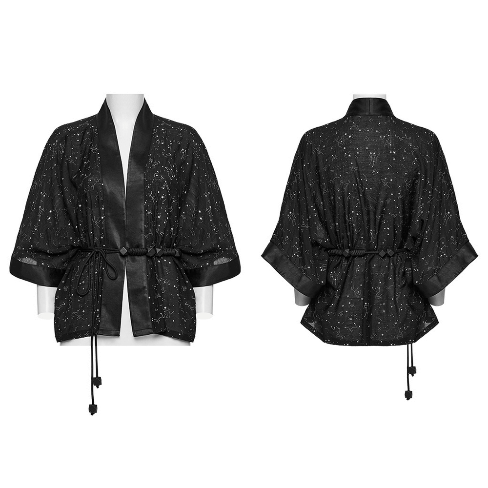 Black Gothic kimono cape with starry print, wide sleeves, and braided waist tie for elegant celestial style.