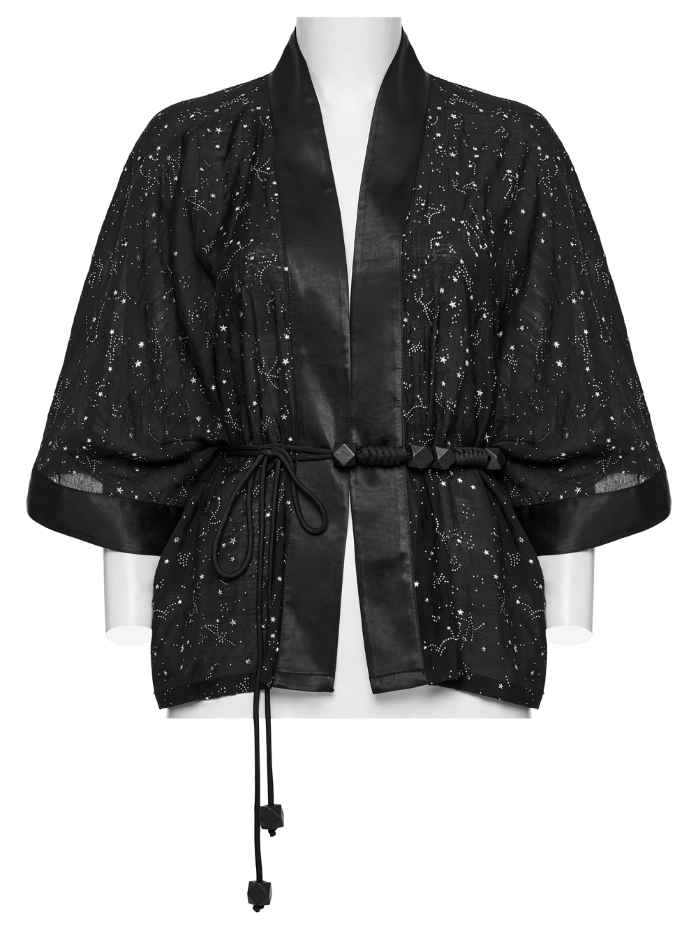 Black gothic kimono cape with starry print, wide sleeves, and braided waist tie for celestial-inspired fashion.