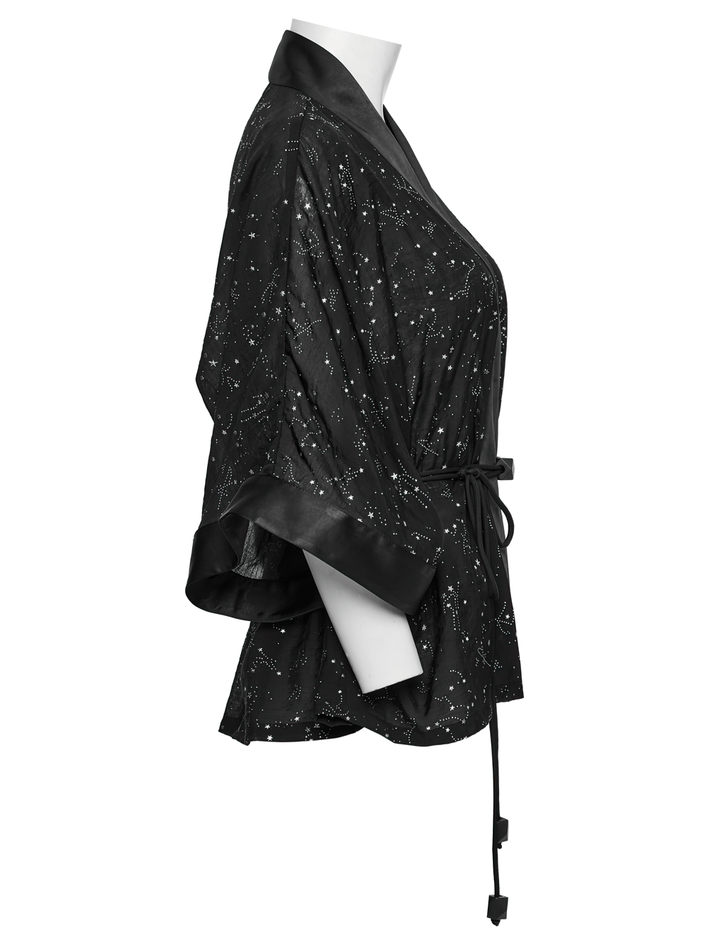 Black gothic kimono cape with starry print, wide sleeves, and braided waist tie for a cosmic fashion look.