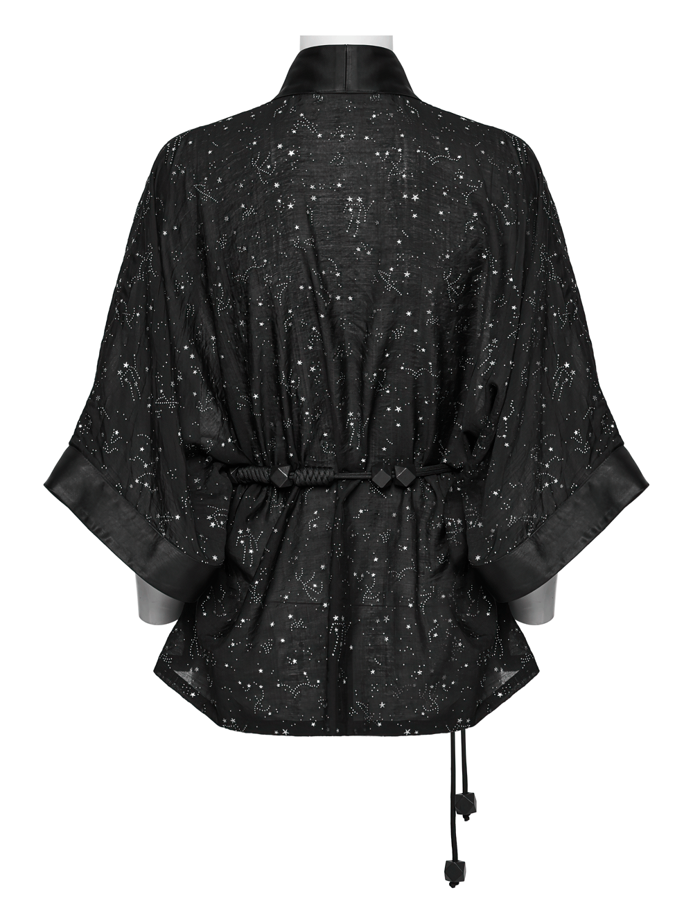 Back view of black gothic kimono cape with starry print, wide sleeves, and braided waist tie for a stylish, celestial look.