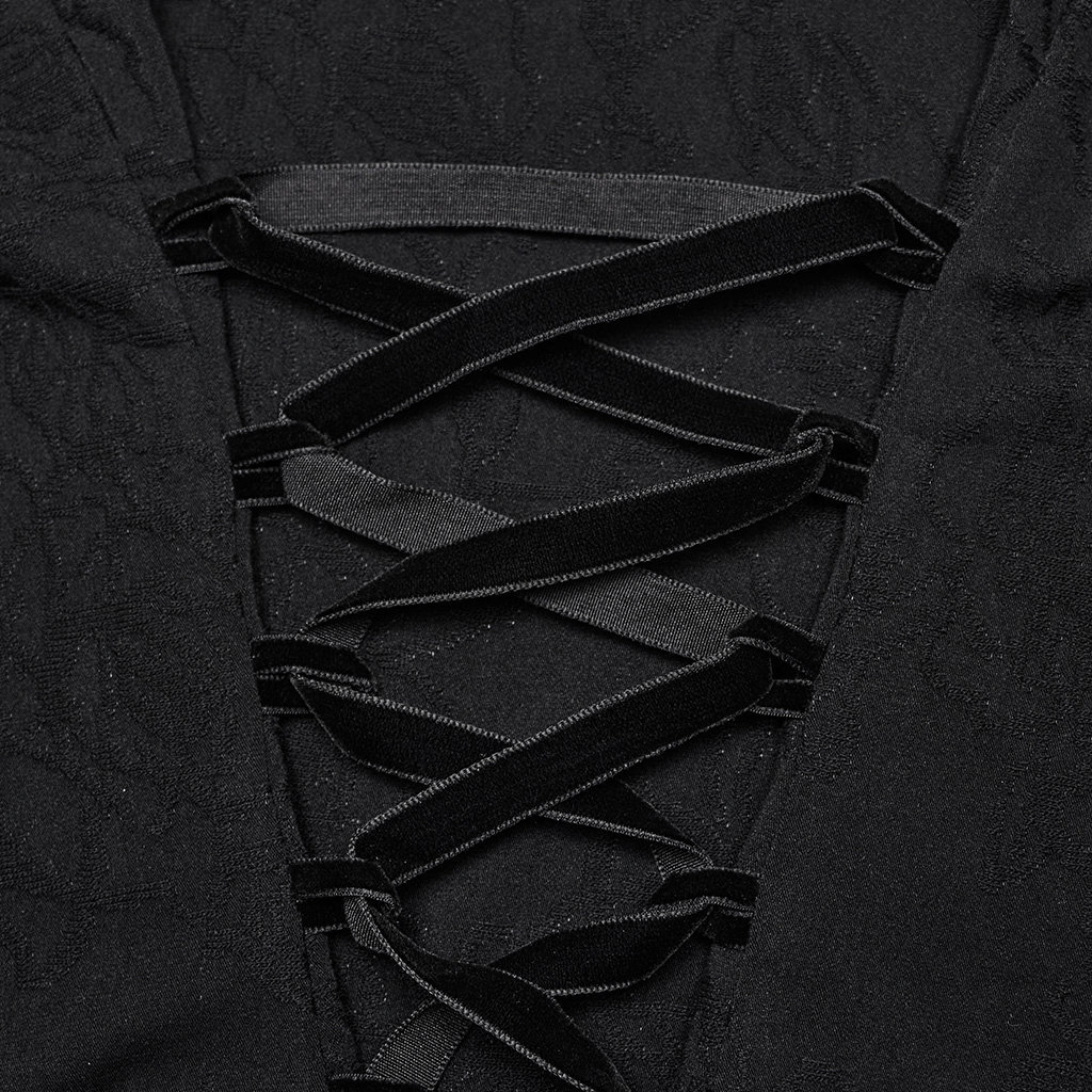 Close-up of the hollow V-neck design with crisscross black lace detailing on Gothic blouse.