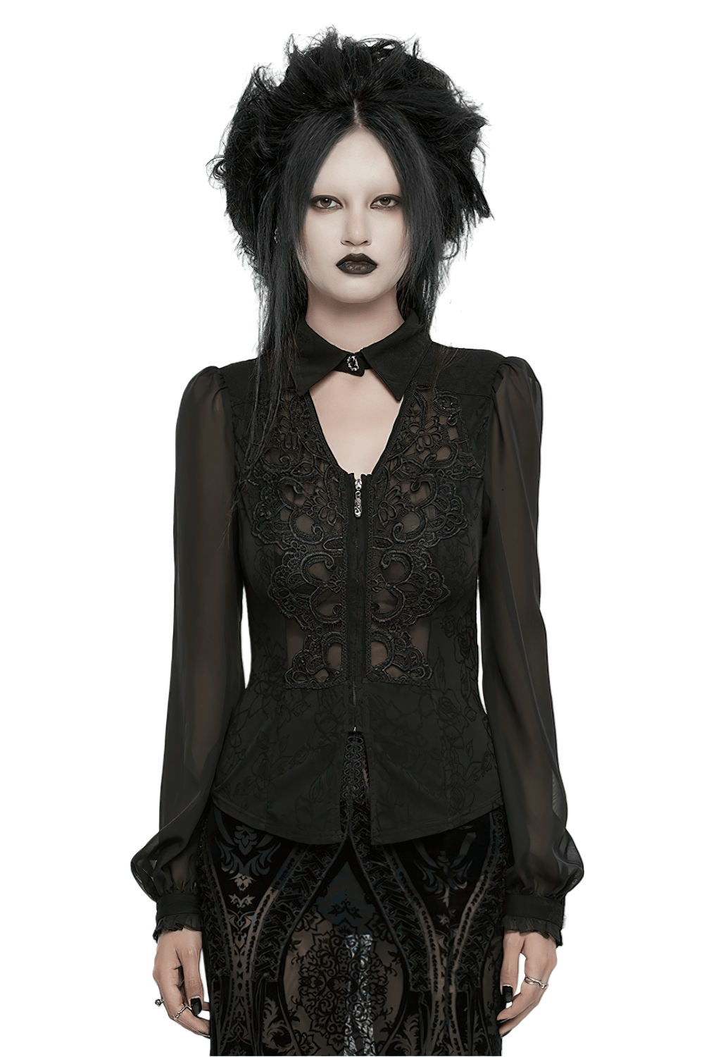 Black Gothic lace blouse with chiffon sleeves, featuring hollow V-neck and exquisite appliqué details.