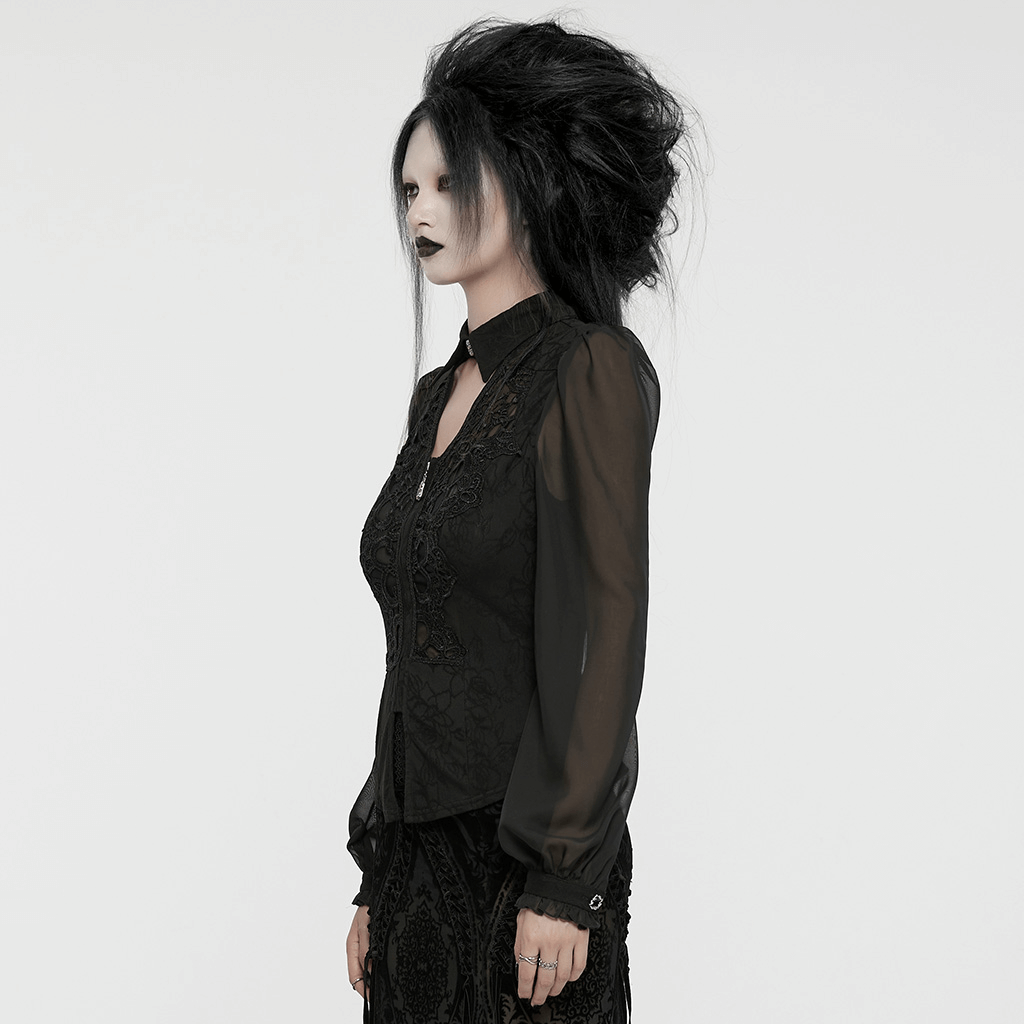 Schwarze Gothic-Bluse mit Spitzenapplikation und Chiffonärmeln