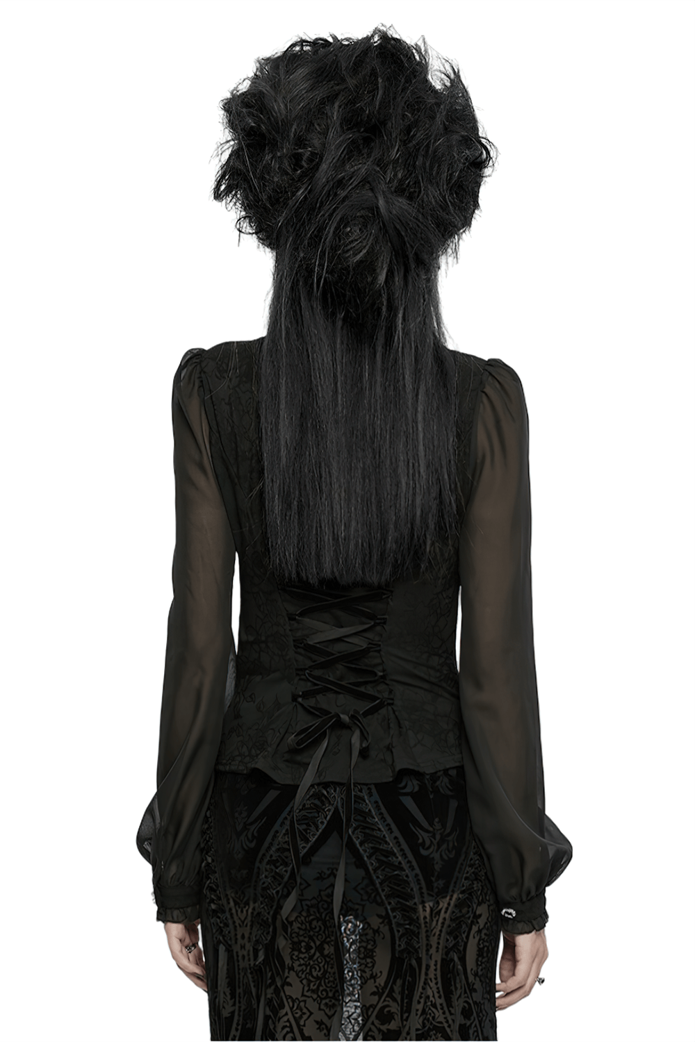 Back view of a Black Gothic Lace Applique Blouse with chiffon sleeves, featuring a lace-up design and elegant silhouette.