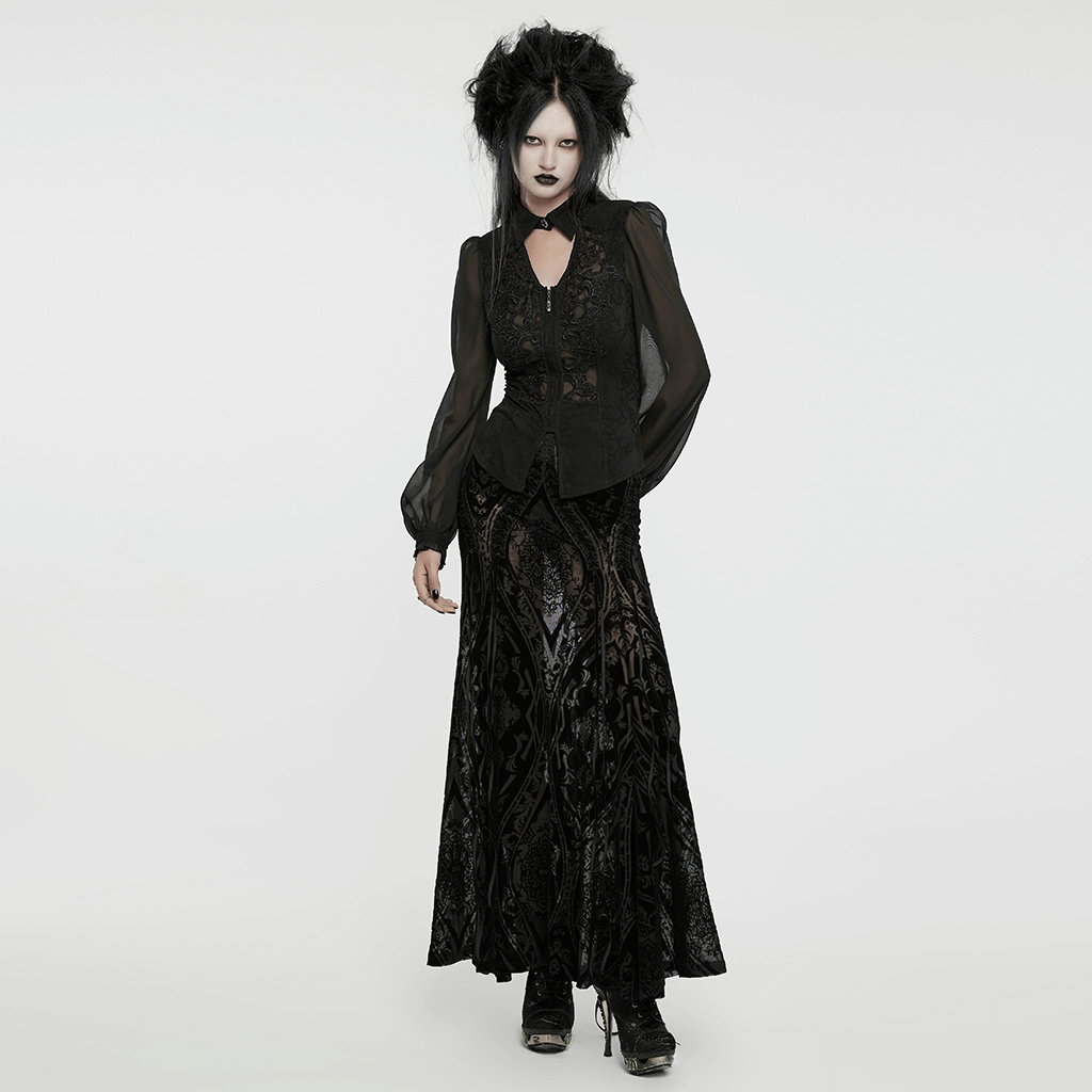Elegant black Gothic lace blouse with chiffon sleeves, featuring a hollow V-neck and dark floral appliqué.