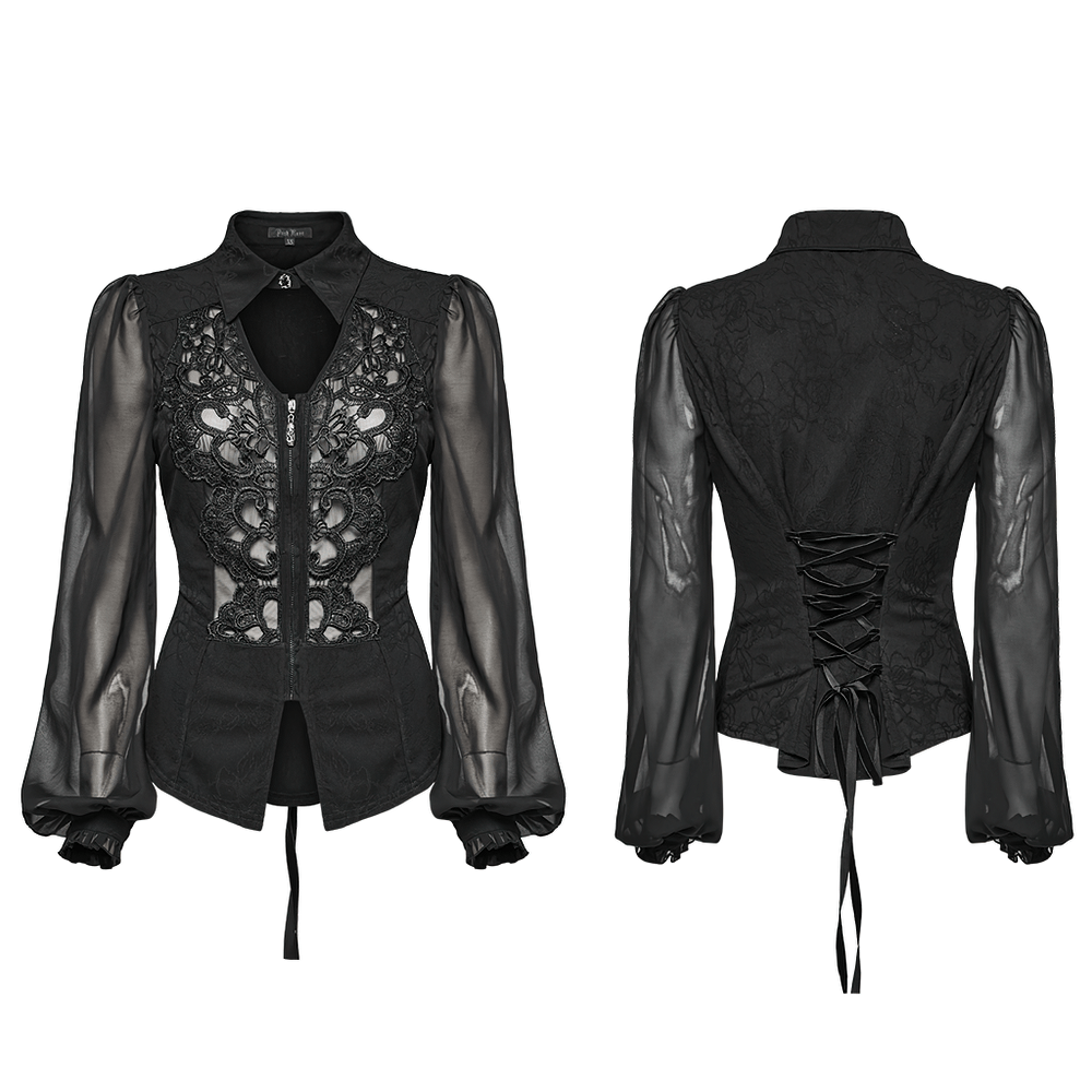 Black Gothic lace blouse with chiffon sleeves and hollow V-neck, featuring appliqué and adjustable drawstring.