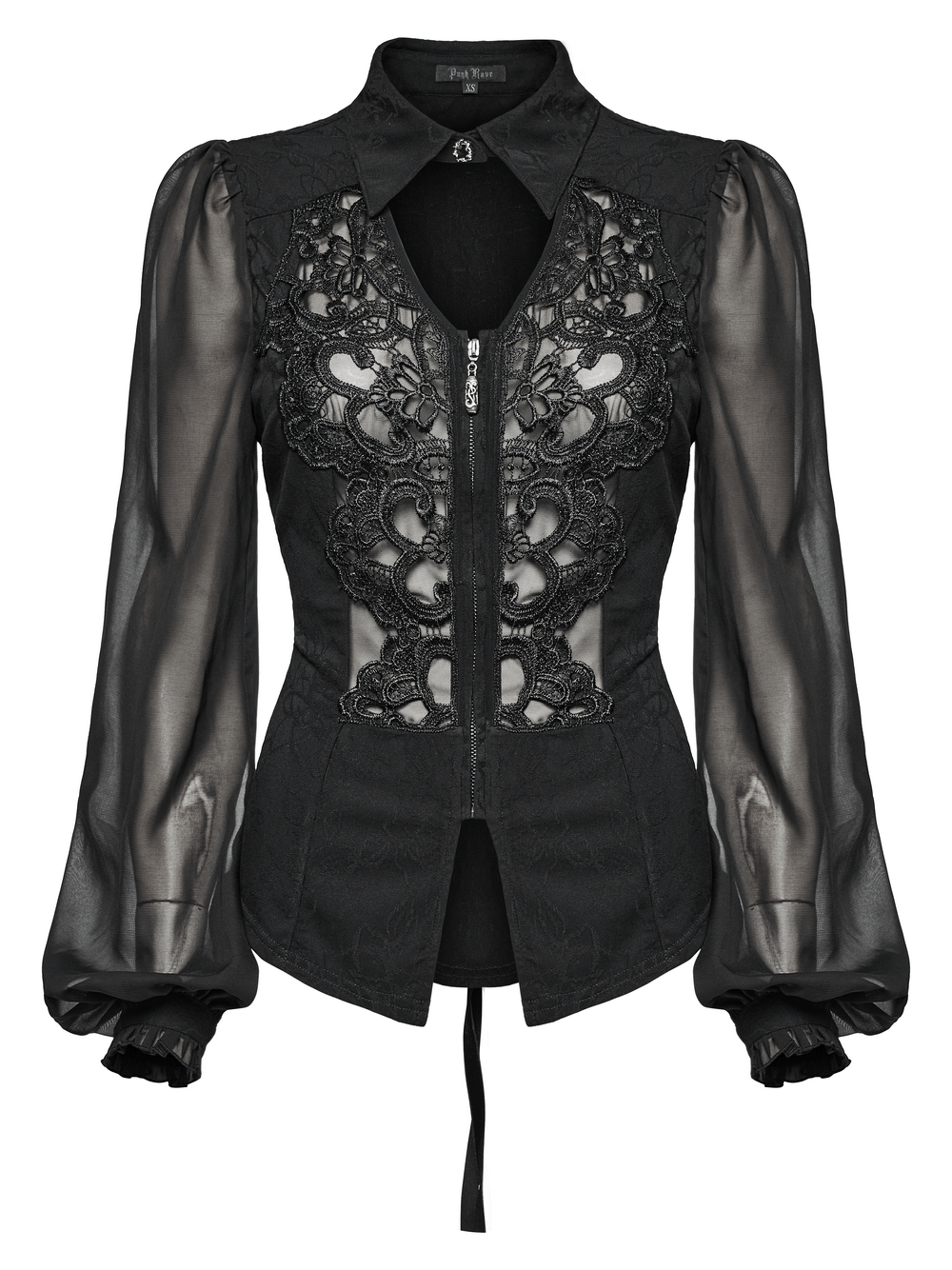 Black Gothic lace applique blouse with chiffon sleeves and decorative zipper front.