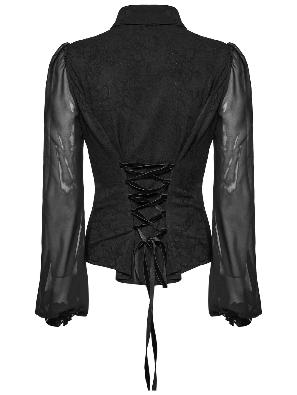 Back view of a Black Gothic Lace Applique Blouse with chiffon sleeves and adjustable drawstring waist.