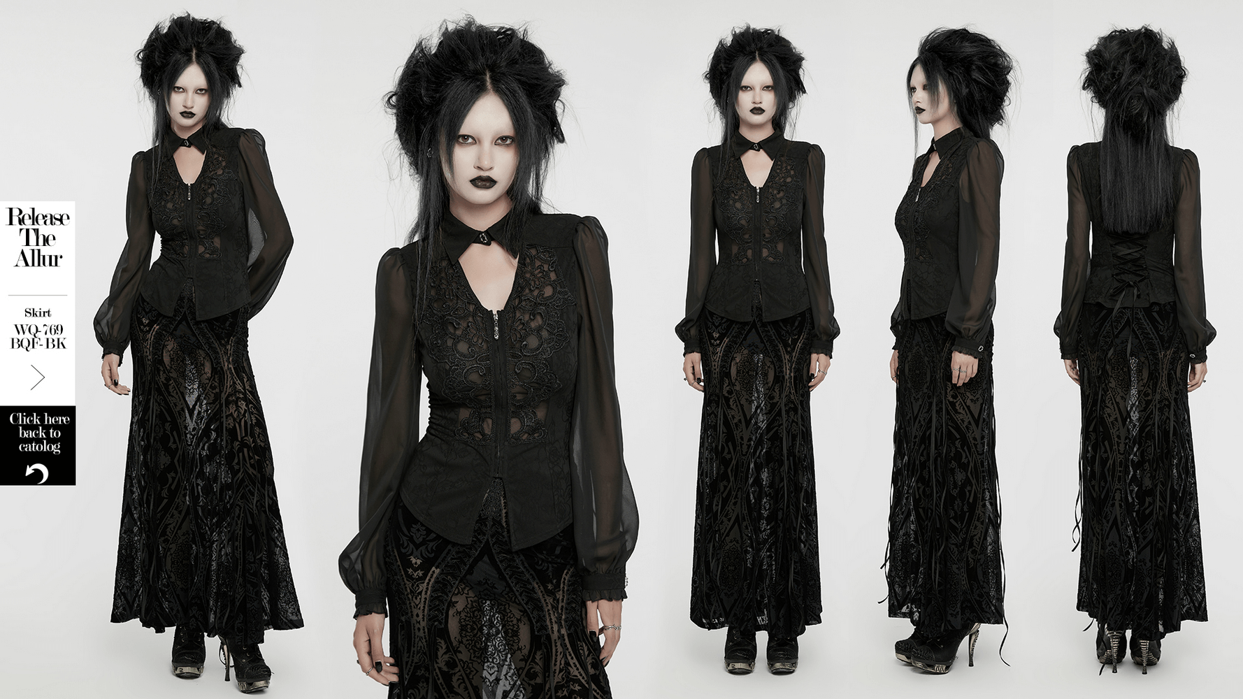 Elegant Black Gothic Lace Blouse with Chiffon Sleeves and Hollow V-neck, perfect for a dark floral-themed outfit.