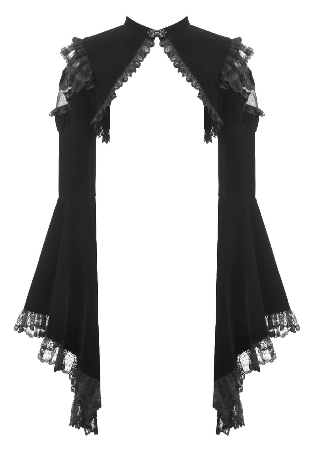 Black Gothic Lace Bolero Shrug with Bell Sleeves featuring lace ruffles and dramatic cape collar.