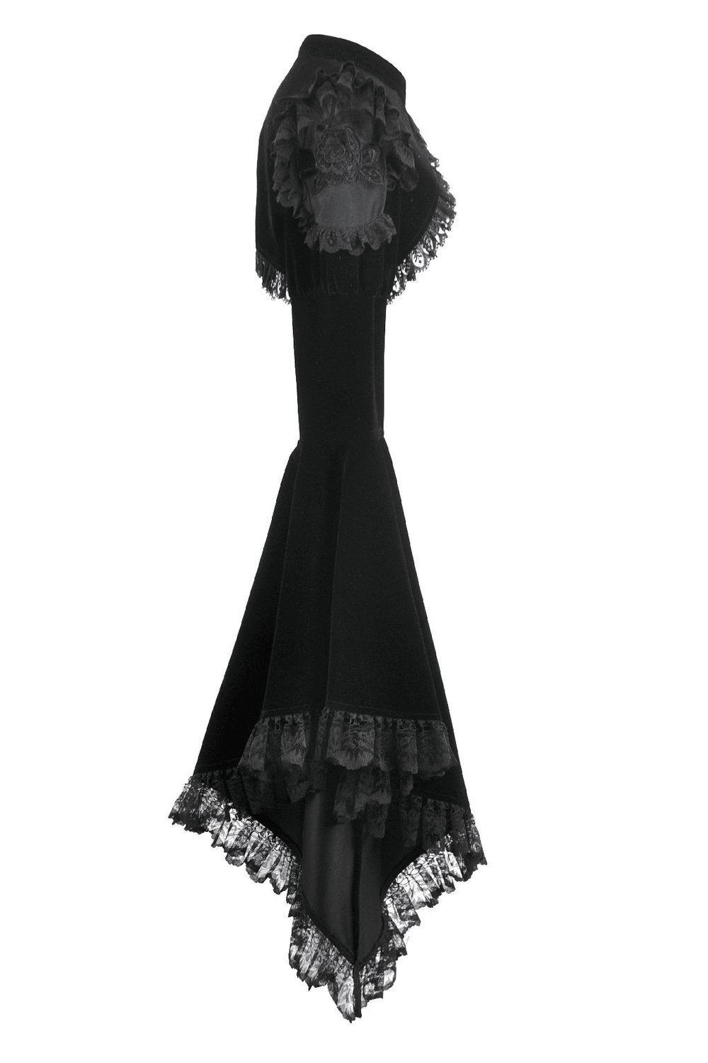 Black Gothic Lace Bolero Shrug with Bell Sleeves showcasing a dramatic cape collar and lace ruffles.