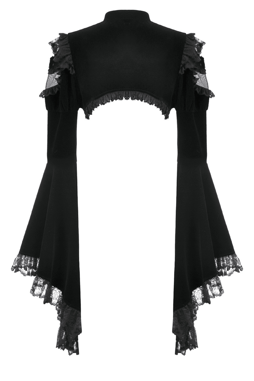 Black Gothic Lace Bolero Shrug with Bell Sleeves showcasing dramatic cape collar and flared lace-trimmed sleeves.
