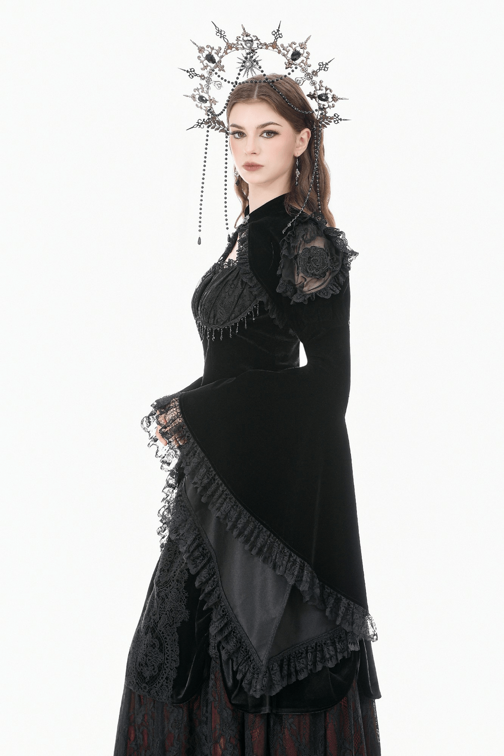 Black Gothic Lace Bolero Shrug with Bell Sleeves worn by model showcasing elegant Victorian style.