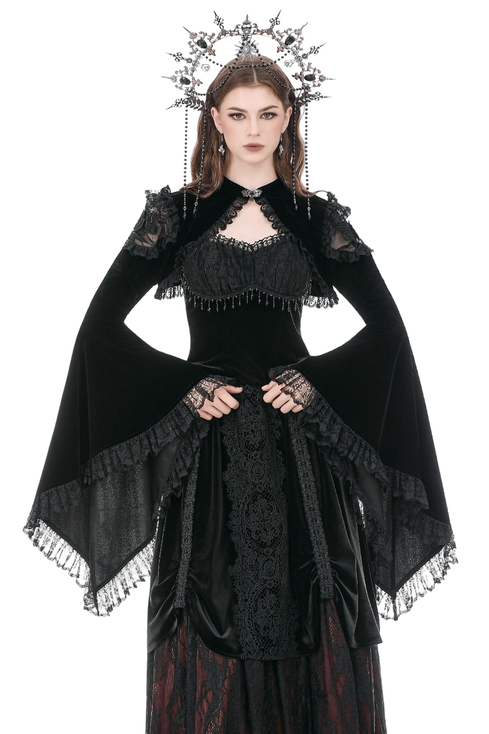 Black Gothic Lace Bolero Shrug with Bell Sleeves worn with dramatic cape collar and ruffle sleeve trim.