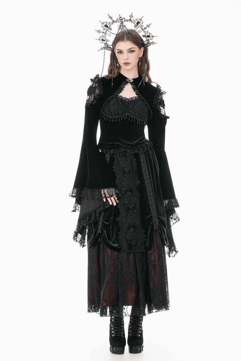 Black Gothic Lace Bolero Shrug with Bell Sleeves styled with dramatic accessories and layered textures.