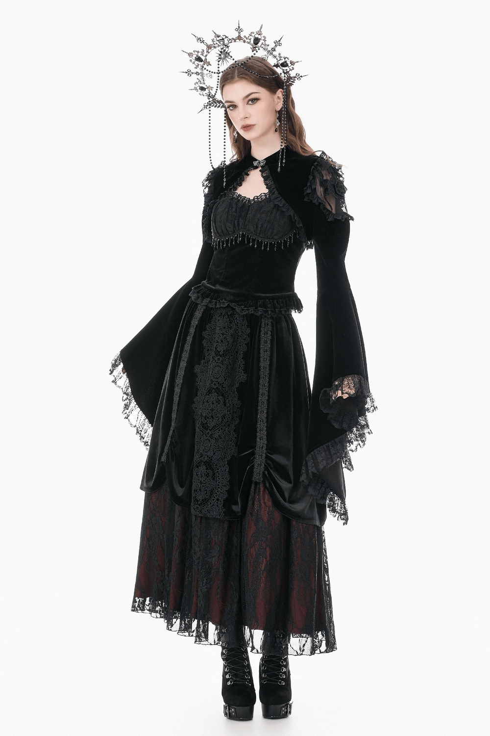 Black Gothic Lace Bolero Shrug with Bell Sleeves showcased in a dramatic gothic outfit, featuring lace and bell sleeves.