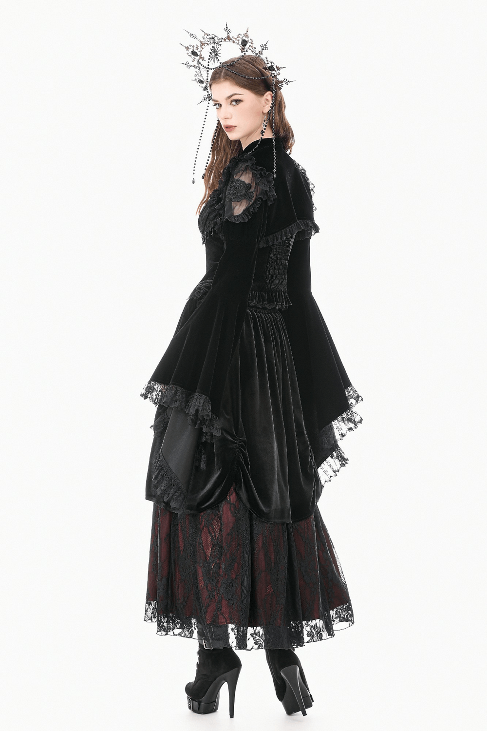 Black Gothic Lace Bolero Shrug with Bell Sleeves worn in a dramatic gothic outfit featuring lace and ruffles.
