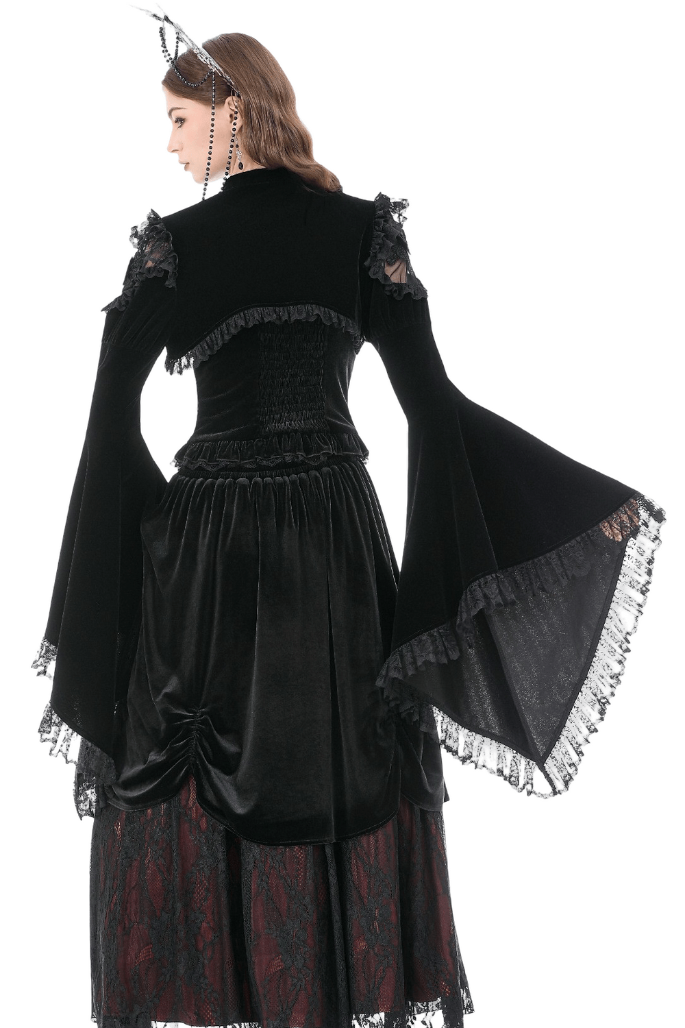 Black Gothic Lace Bolero Shrug with Bell Sleeves worn from the back, showcasing bell sleeves and lace ruffle details.