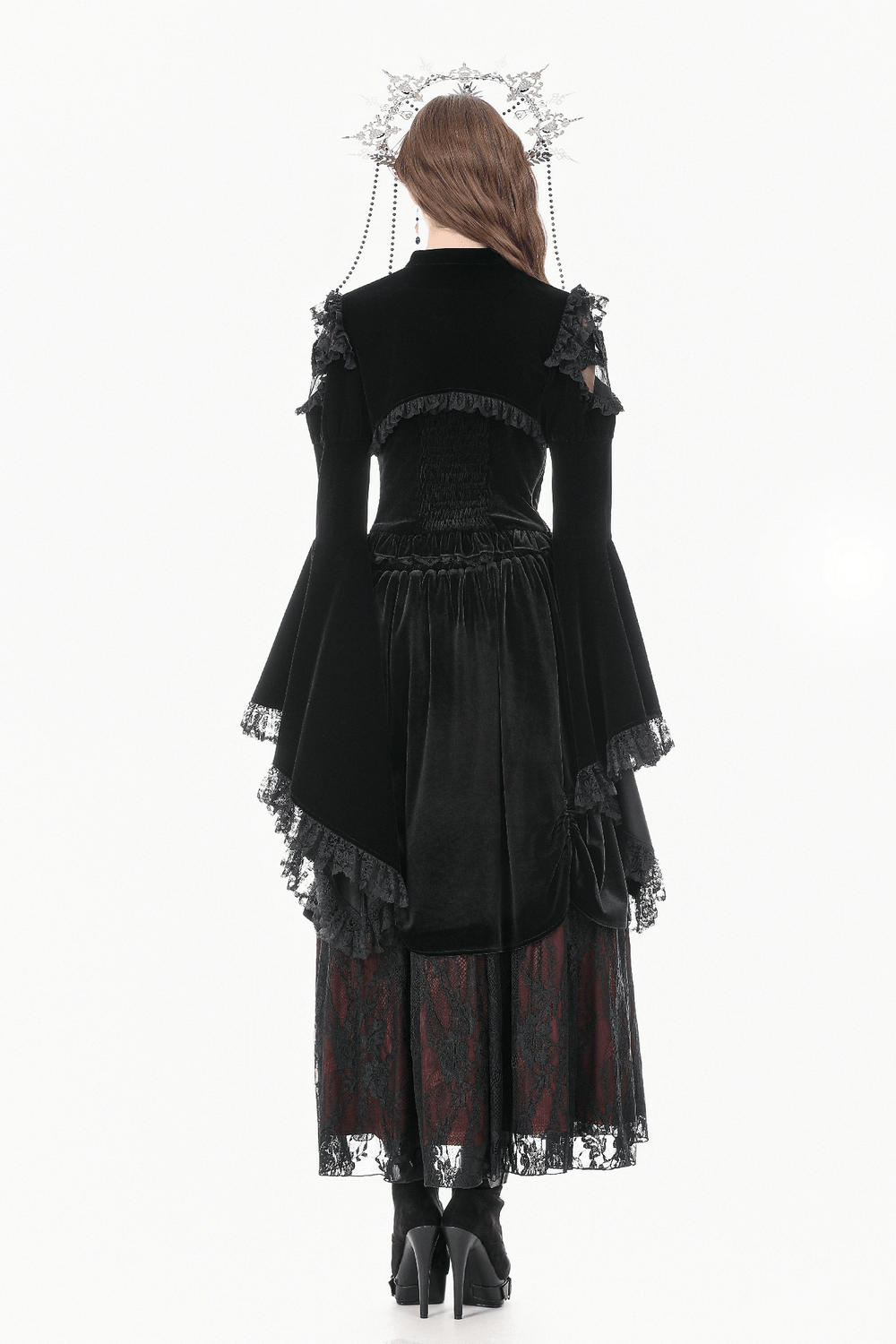 Black Gothic Lace Bolero Shrug with Bell Sleeves worn from the back with dramatic bell sleeves and lace details.