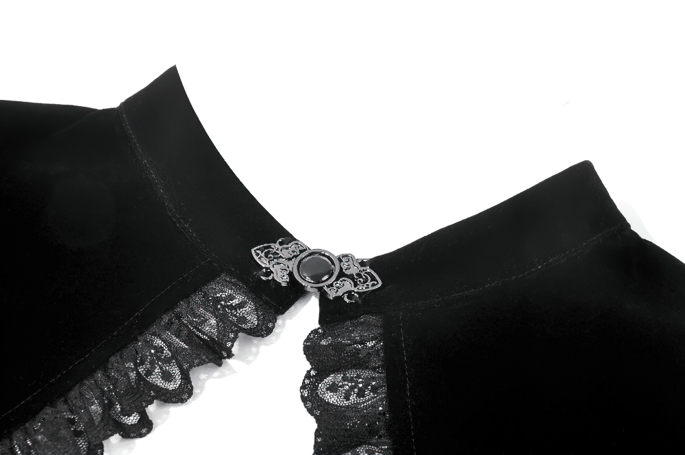 Black Gothic Lace Bolero Shrug with Bell Sleeves featuring lace ruffles and a decorative button closure.