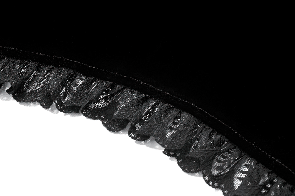 Close-up of the lace ruffle trim on the Black Gothic Lace Bolero Shrug with Bell Sleeves.