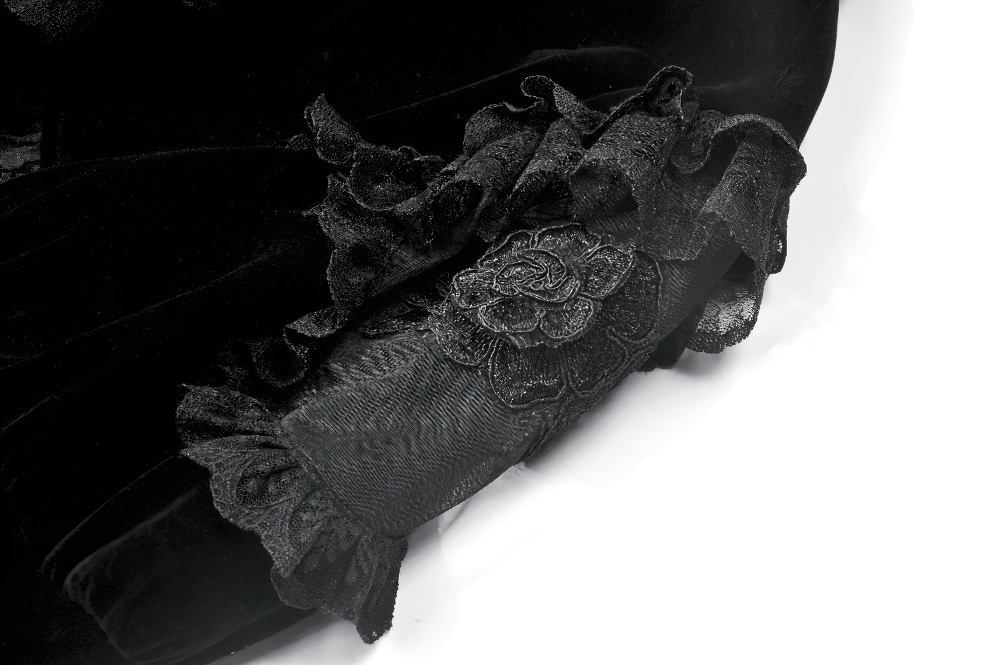 Black Gothic Lace Bolero Shrug with Bell Sleeves featuring intricate lace ruffles and floral details on the cuffs.
