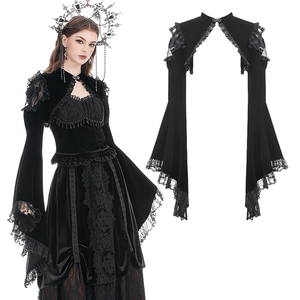 Black Gothic Lace Bolero Shrug with Bell Sleeves styled with dramatic cape collar and flared bell sleeves.