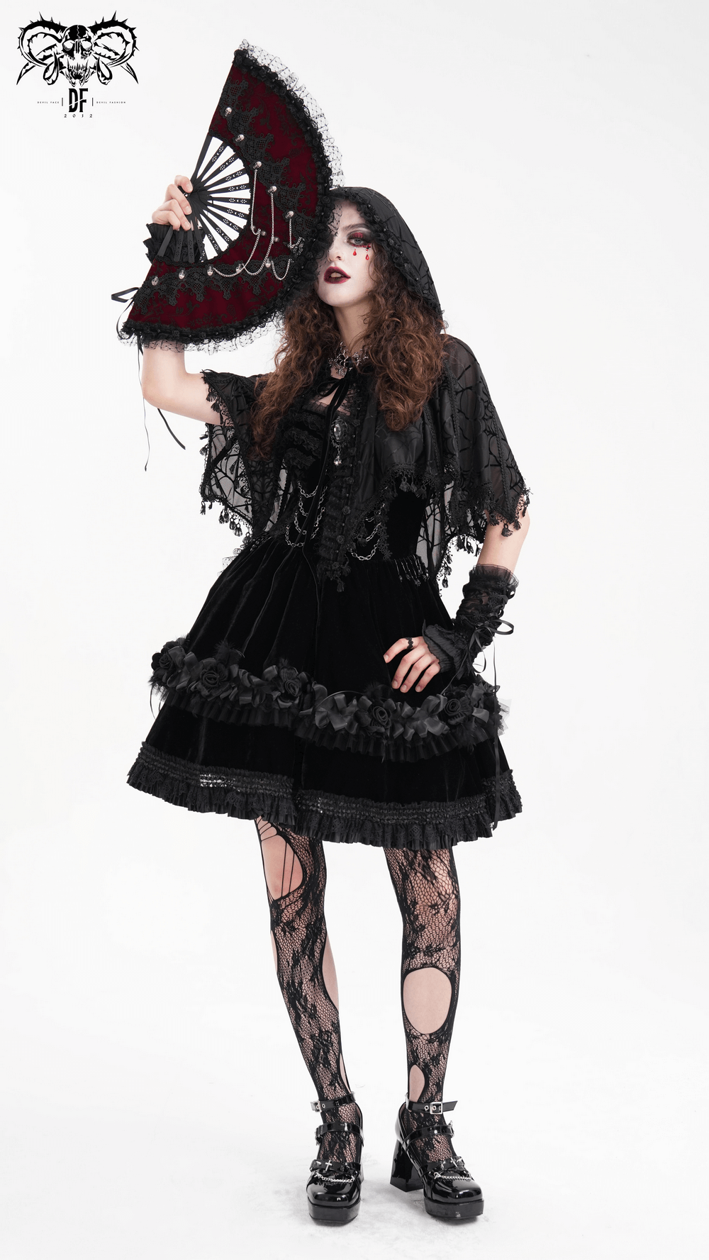 Black Gothic Lace Cape with Hood and Tassels for Women