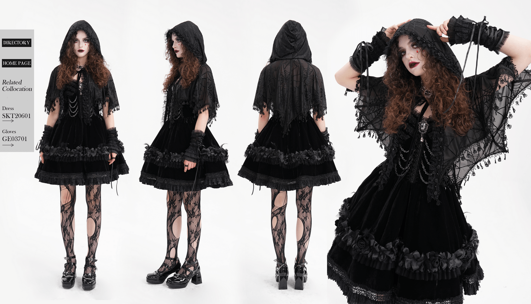 Black gothic lace cape with hood and tassels, showcasing a spiderweb pattern, perfect for Halloween or gothic fashion.
