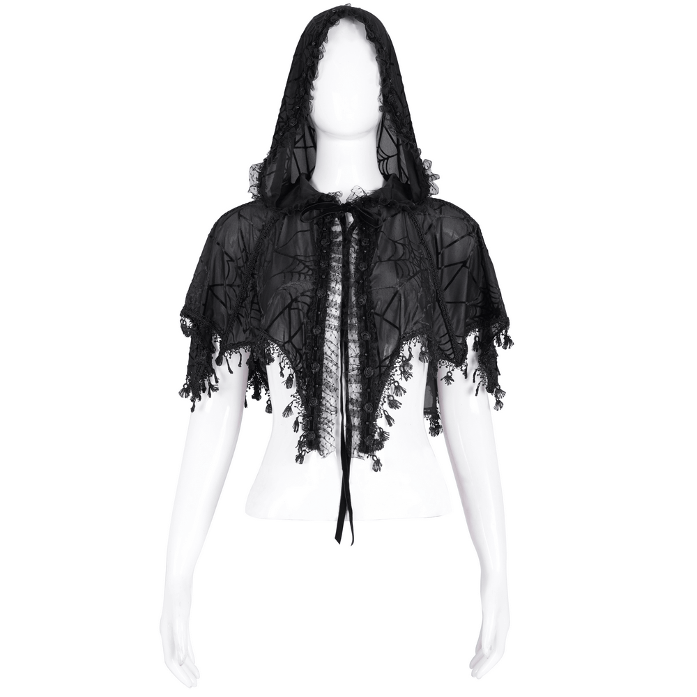 Black gothic lace cape with hood and tassels, featuring a spiderweb pattern, perfect for Halloween and costume parties.