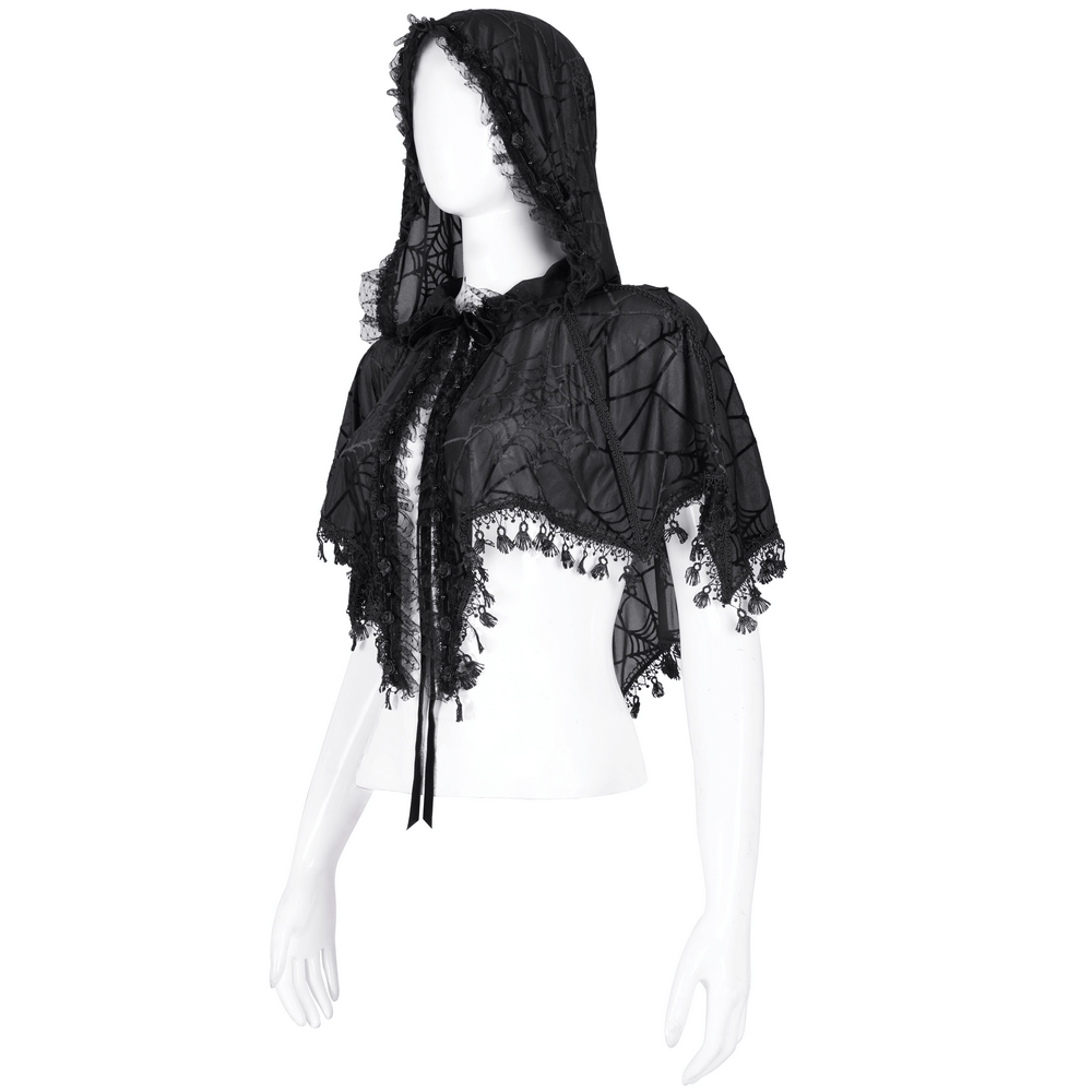 Black gothic lace cape with hood, spiderweb pattern, and tassels for women, perfect for Halloween and costume parties.