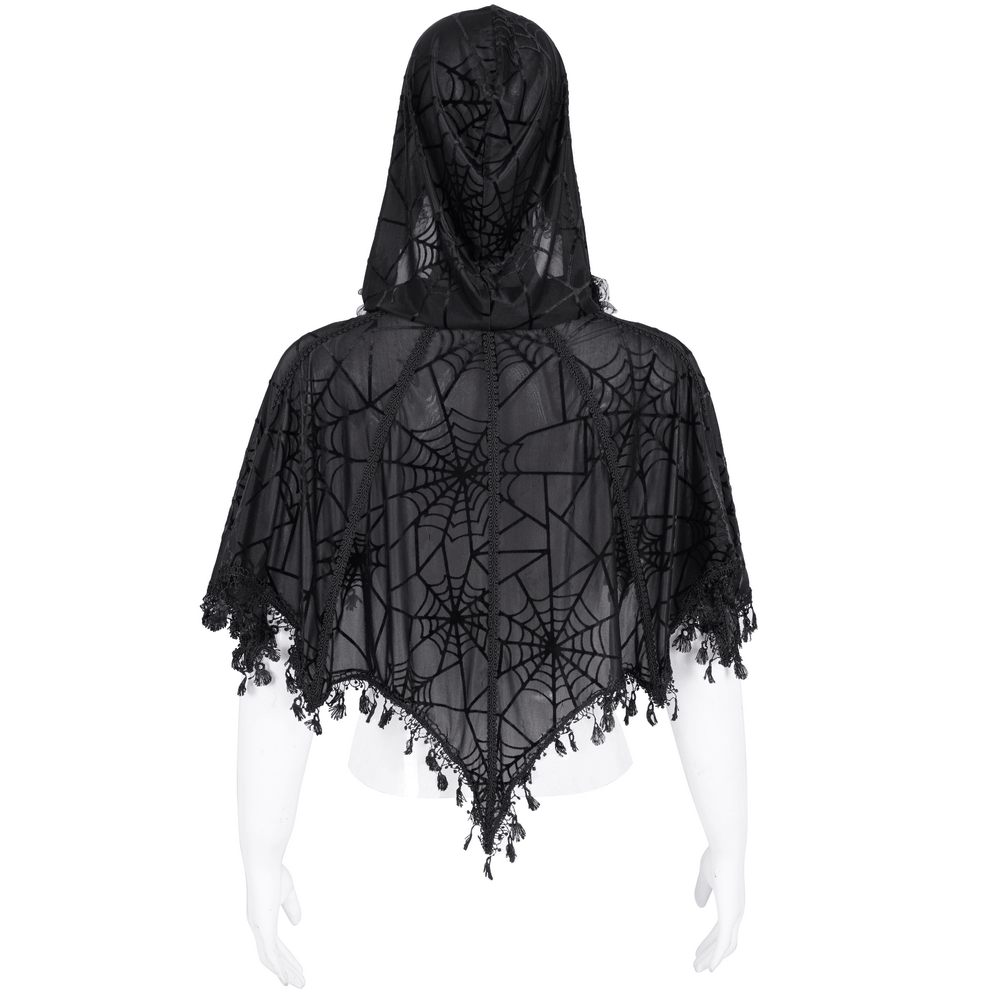 Black gothic lace cape with hood and spiderweb pattern, featuring flowing tassels for a dramatic look.