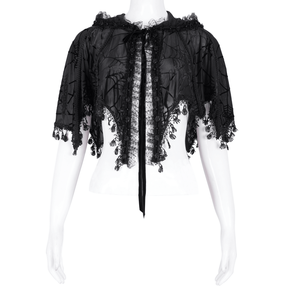 Black gothic lace cape with hood and tassels, featuring a spiderweb pattern, perfect for dark fashion and Halloween.