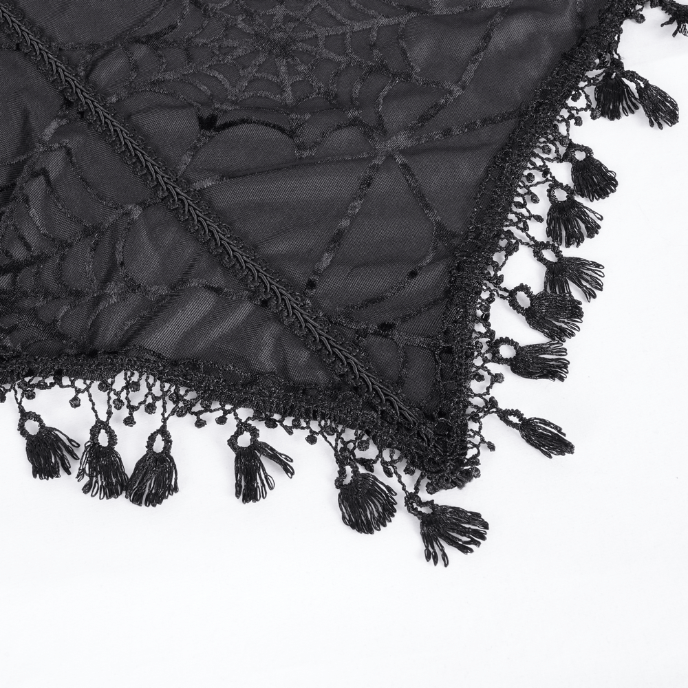 Black gothic lace cape with spiderweb pattern and tassels, perfect for Halloween or gothic fashion.