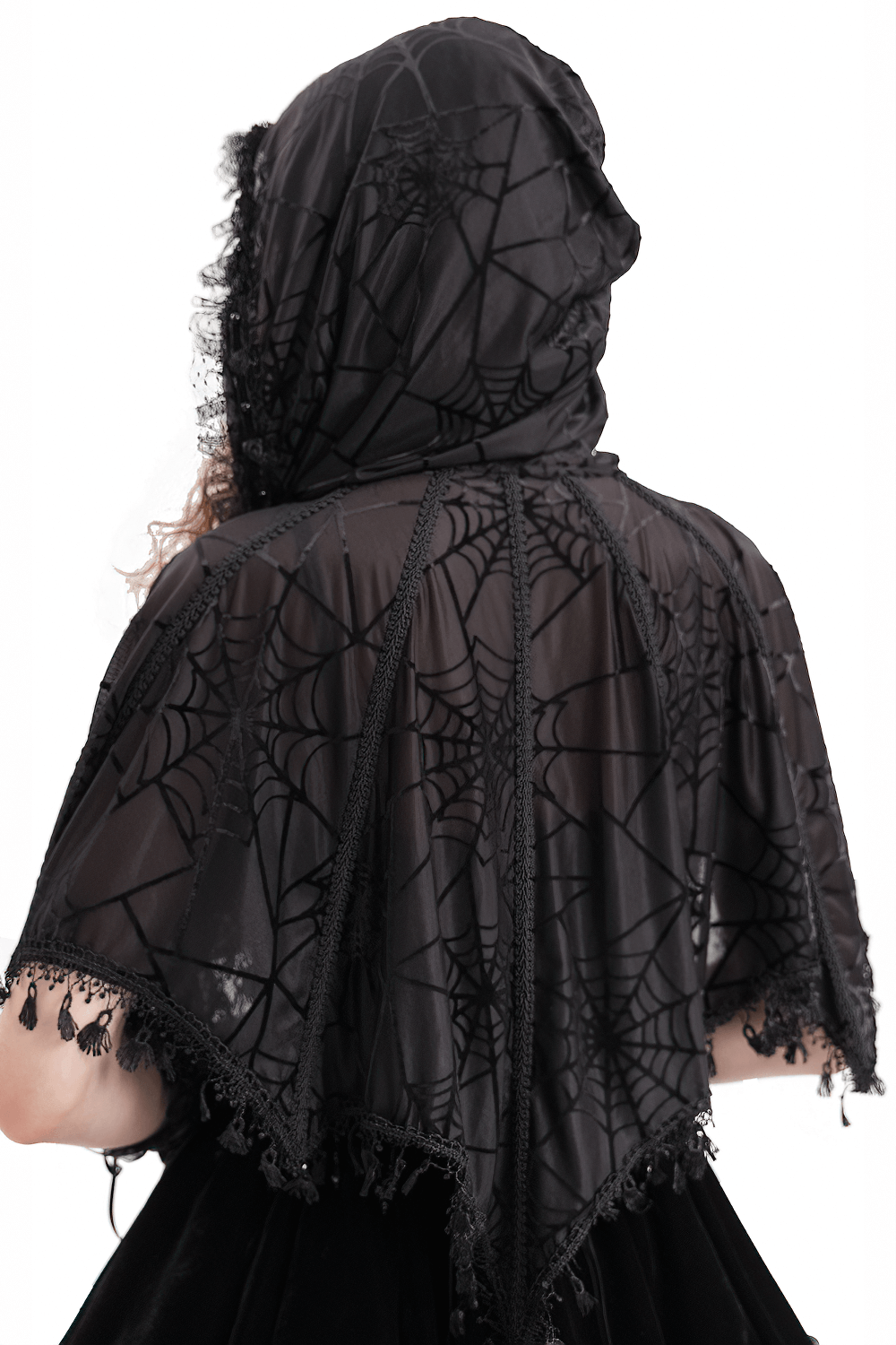 Black gothic lace cape with hood and spiderweb pattern, featuring elegant tassels for a dramatic look.