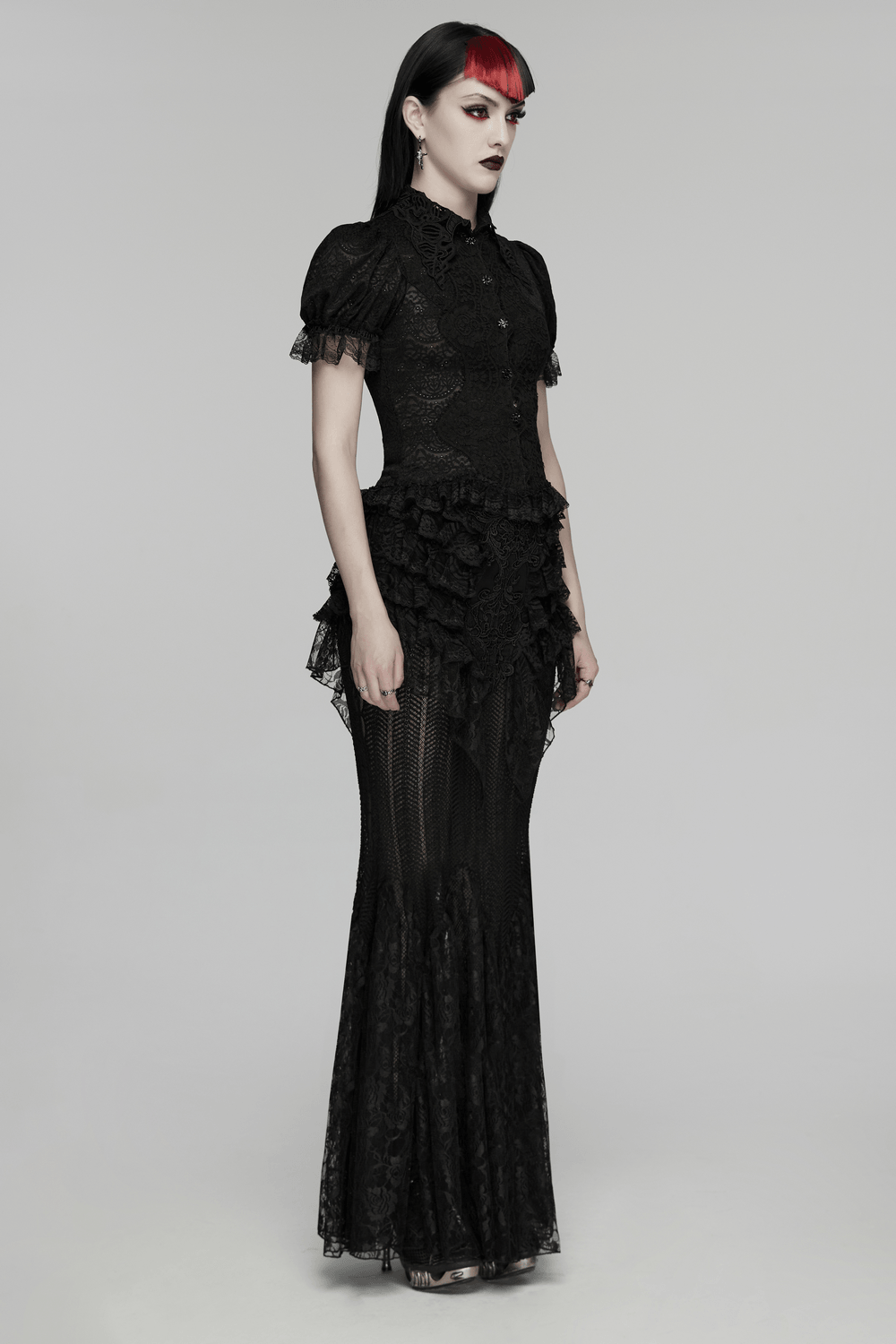 Alt Tag: Black Gothic Lace Corset Blouse with Puff Sleeves with sheer floral lace, dramatic puff sleeves, and Victorian-inspired corset lacing