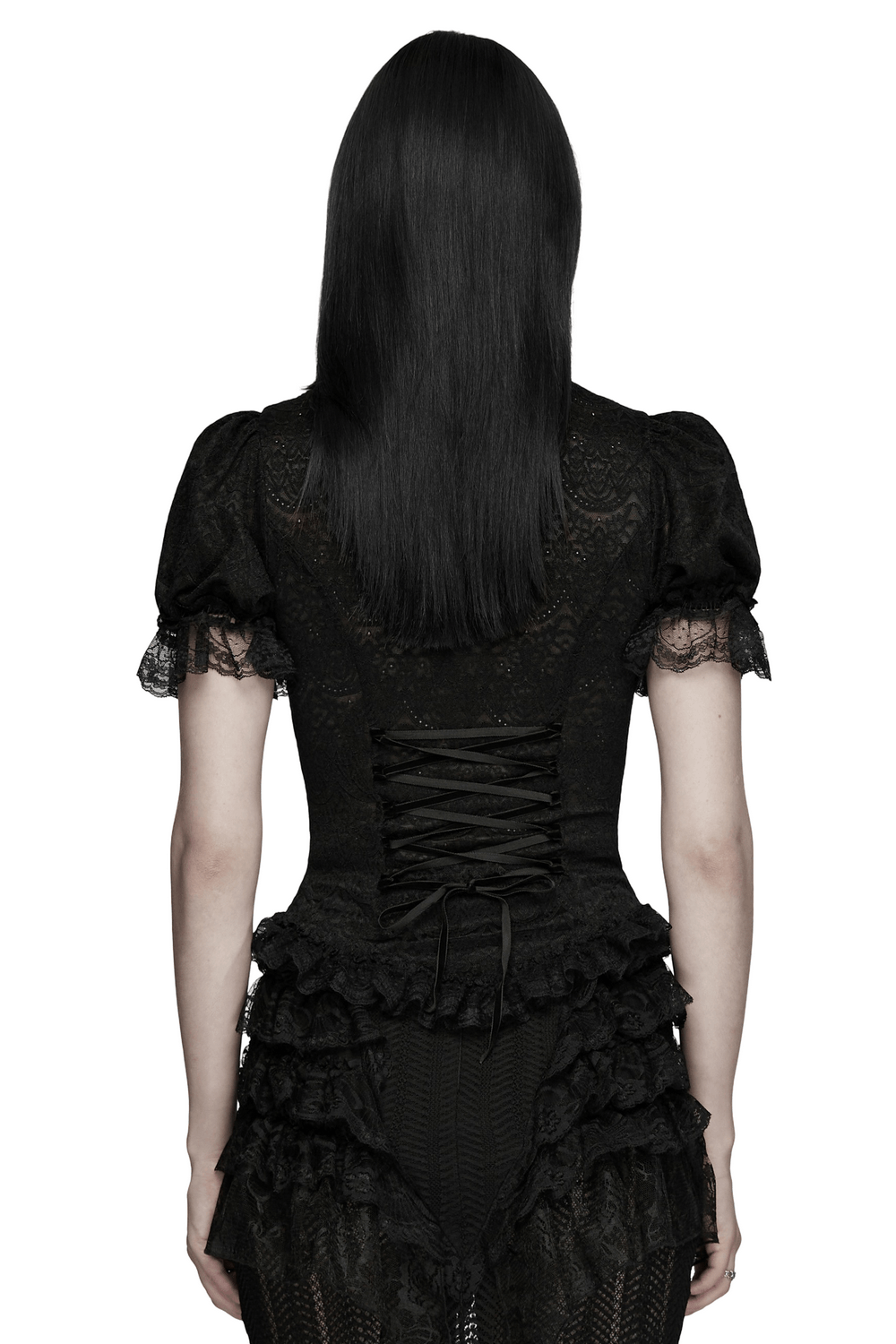 Alt Tag: Black Gothic Lace Corset Blouse with Puff Sleeves back view, sheer floral lace, puff sleeves, and corset lacing for Victorian goth drama