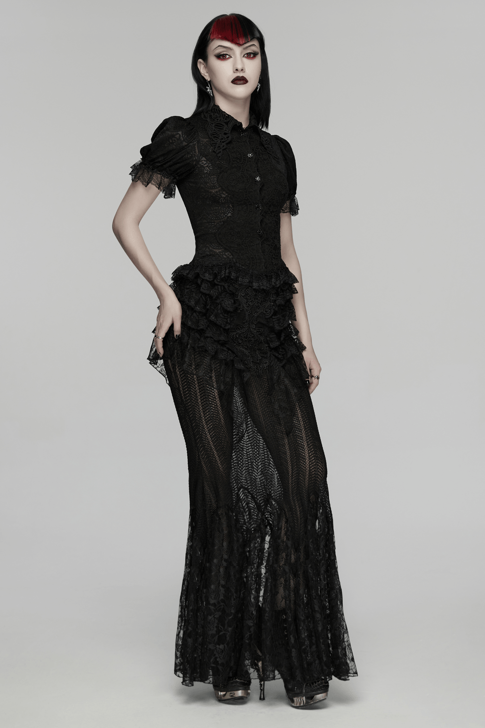 Alt Tag: Black Gothic Lace Corset Blouse with Puff Sleeves worn with long black lace skirt, puff sleeves, Victorian button front, dramatic goth look