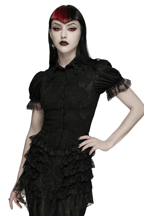 Blusa Corsé de Encaje Gótico Negro con Mangas Abullonadas